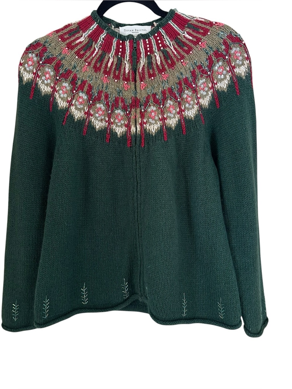 Susan Bristol Angora Blend Fair Isle Beaded Zip Front Cardigan Sweater Green PL - Picture 4 of 10
